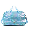 A light blue iridescent nylon travel bag with handles and a zipper, suitable for fitness or gym use.