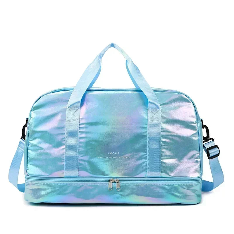 A light blue iridescent nylon travel bag with handles and a zipper, suitable for fitness or gym use.