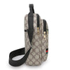 A beige and brown patterned men's crossbody sling bag with black strap and gold hardware.