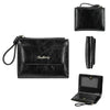 Black leather mini wallet with a pendant and a folded version shown in various angles