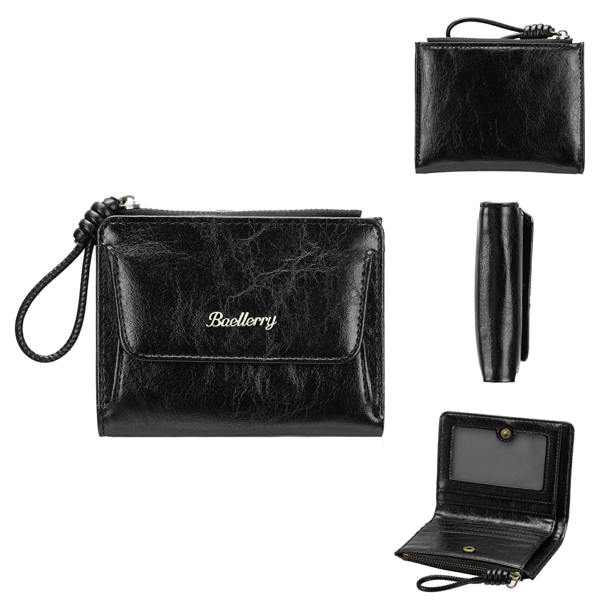 Black leather mini wallet with a pendant and a folded version shown in various angles