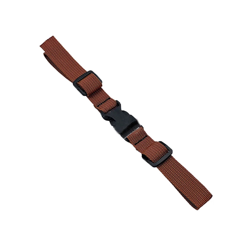 A brown adjustable tactical backpack chest strap harness with black buckles.