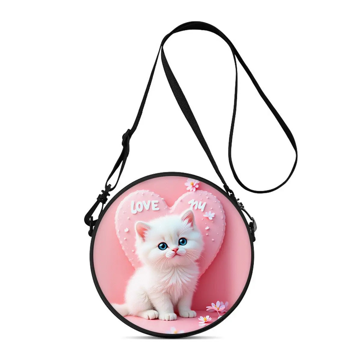 A pink round crossbody bag featuring a cartoon white kitten design with the text Love and tiny hearts.