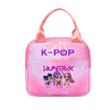 Pink K-Pop themed insulated backpack featuring three stylized characters and the word HUNTRX