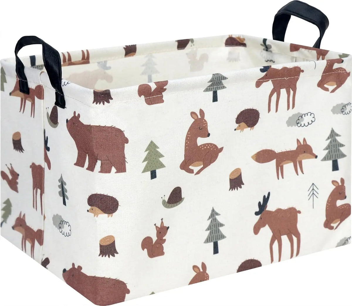 A light-colored fabric storage basket with handles, featuring a repeating pattern of woodland animals like deer and foxes.