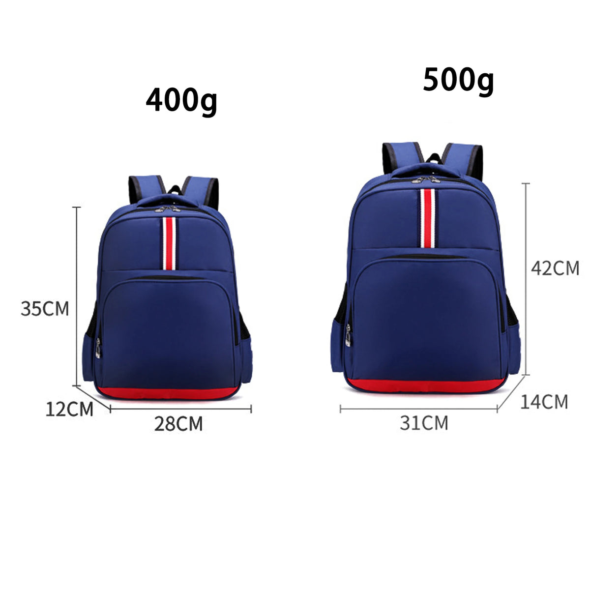 Navy blue cartoon anime backpack for students with red accents, shown in 400g and 500g options.