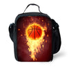 A black backpack featuring a fiery orange basketball design on the front.