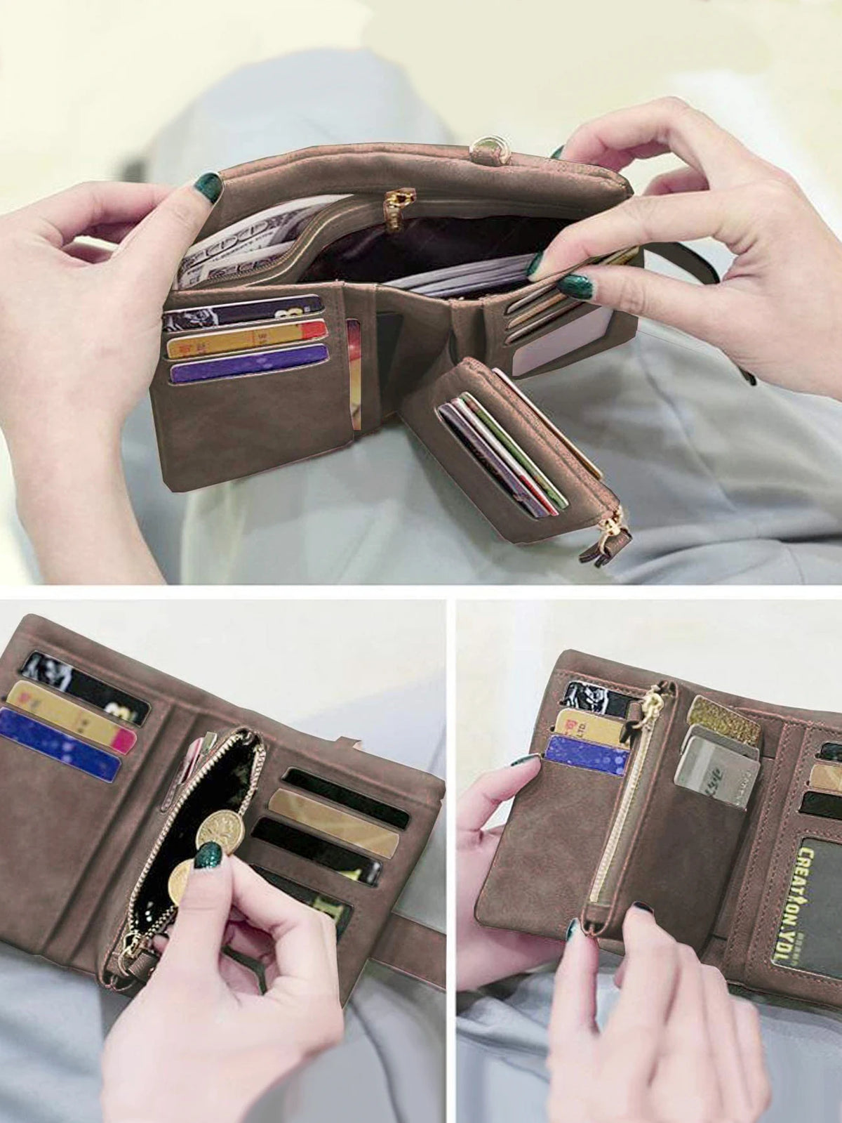 A close-up of a brown multi-slot card wallet with a zipper closure showing various cards and cash inside.