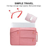 A pink laptop sleeve with a multi-pocket design and a red carrying strap is shown.