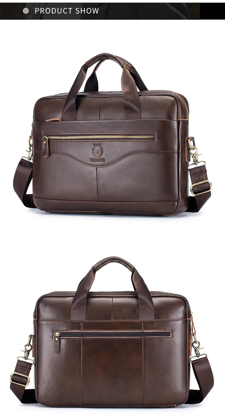 A dark brown full-grain leather executive laptop briefcase with padded straps and a top handle.