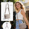 A young woman models a beige crossbody shoulder bag while wearing a white crop top and striped skirt.