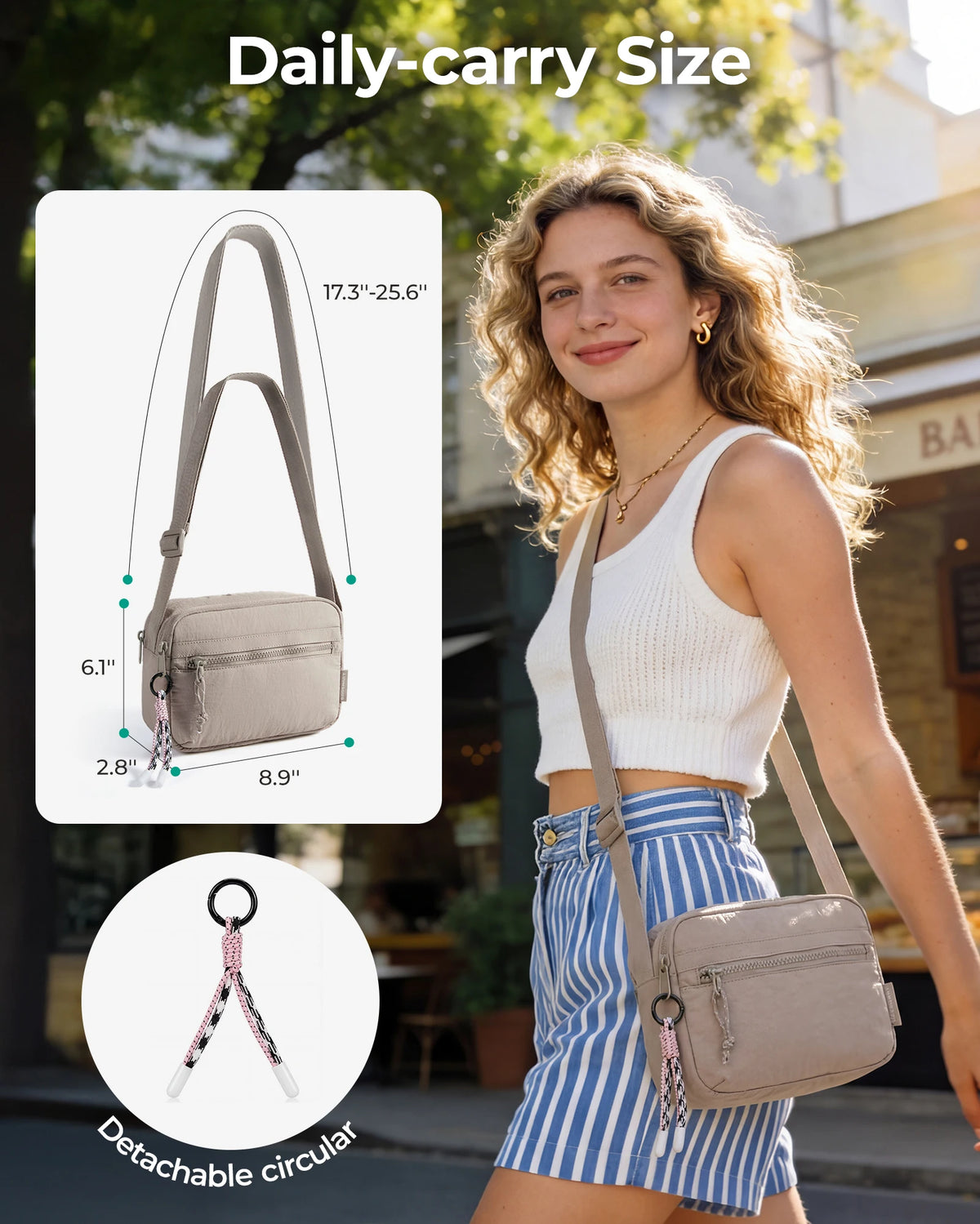 A young woman models a beige crossbody shoulder bag while wearing a white crop top and striped skirt.