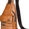 A brown PU leather crossbody sling bag with a dark brown strap and zippered pockets.