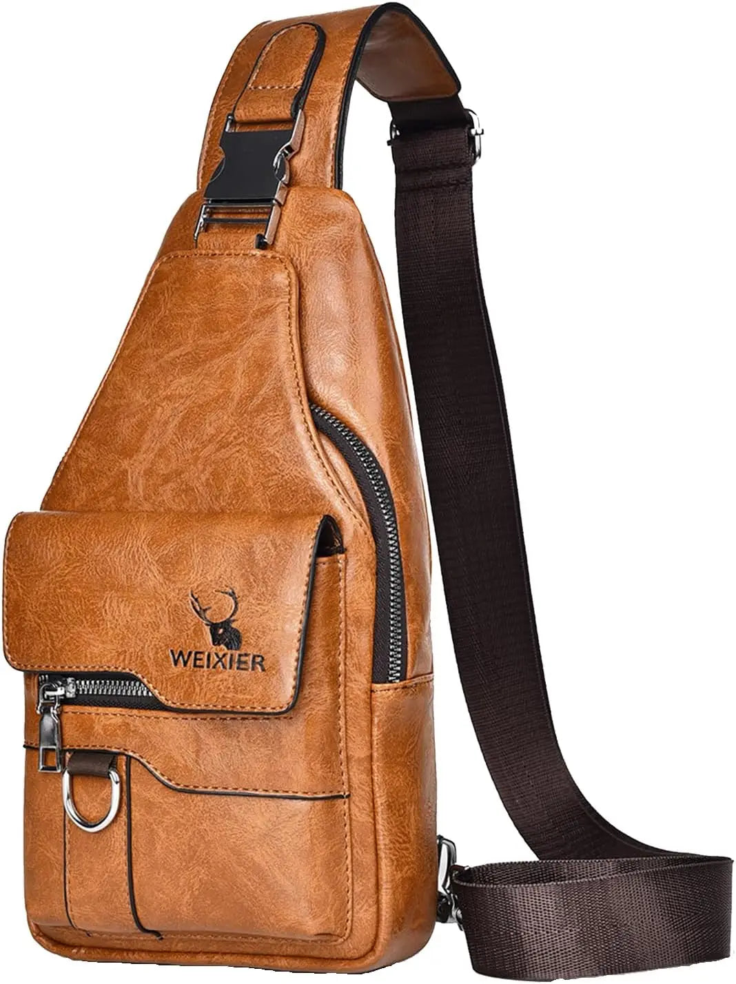 A brown PU leather crossbody sling bag with a dark brown strap and zippered pockets.