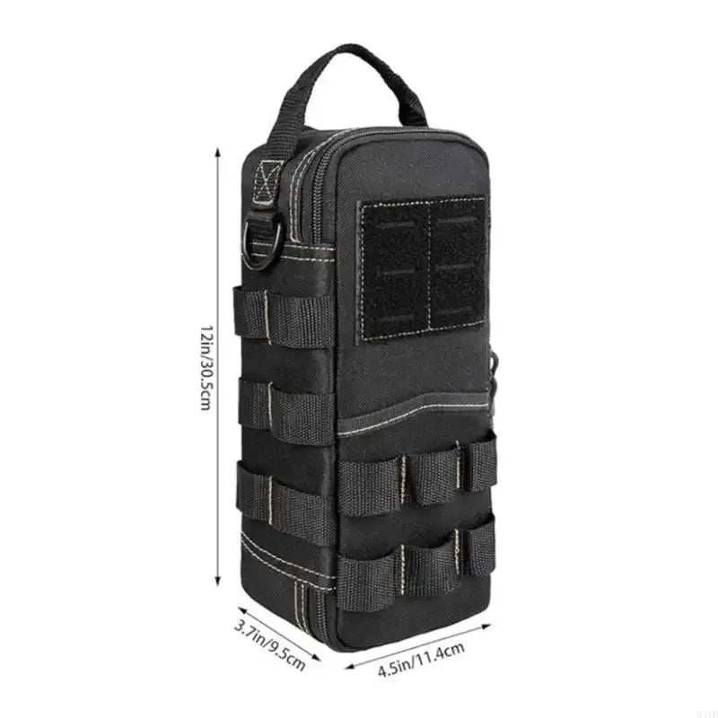 Black tactical shoulder tool pouch with adjustable strap and multiple compartments