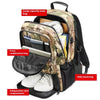A durable travel backpack with multiple compartments including a main bag, front combination bag, and independent shoe compar