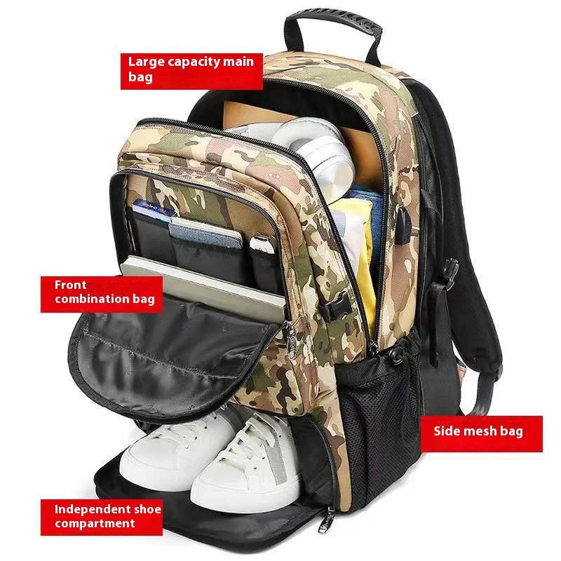 A durable travel backpack with multiple compartments including a main bag, front combination bag, and independent shoe compar
