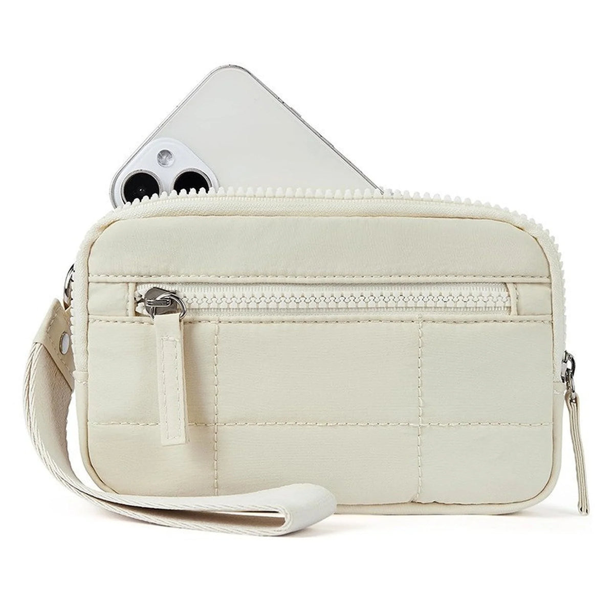 Bolso cruz acolchado crema diseñado para llevar un smartphone, mostrado en tono neutro.