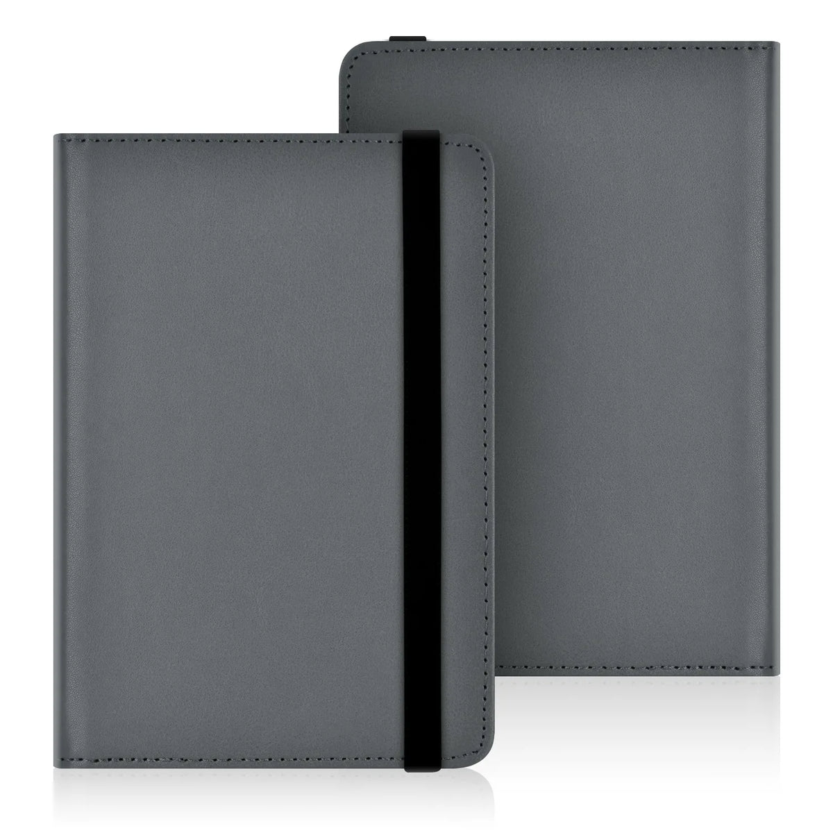 A dark gray universal e-book cover featuring a protective black strap on the side.