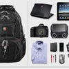 Mochila de viaje grande para hombre suizo negro con diversos aparatos electrónicos.