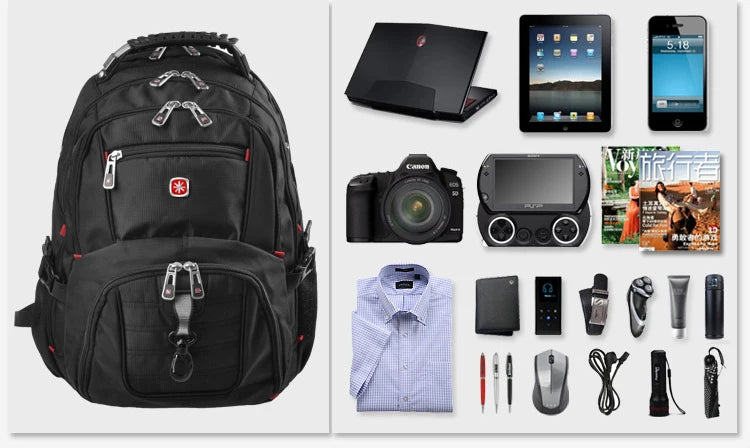 Mochila de viaje grande para hombre suizo negro con diversos aparatos electrónicos.