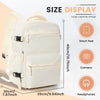 A white travel compression backpack displayed with size measurements and features like a 11inch pad, camera compartment, and 