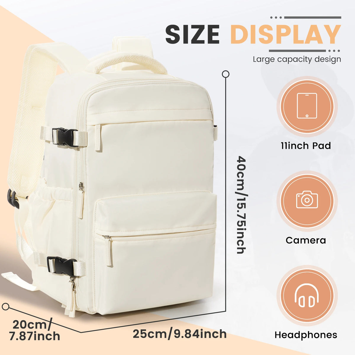 A white travel compression backpack displayed with size measurements and features like a 11inch pad, camera compartment, and 
