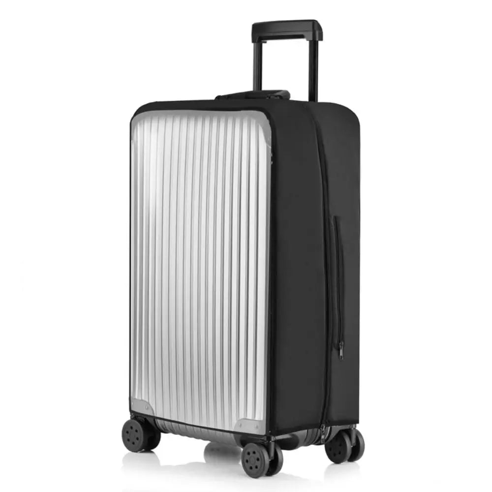 A black waterproof luggage protector cover with a handle and silver accents.