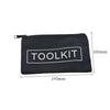Black tool kit organizer bag with white text and dimensions