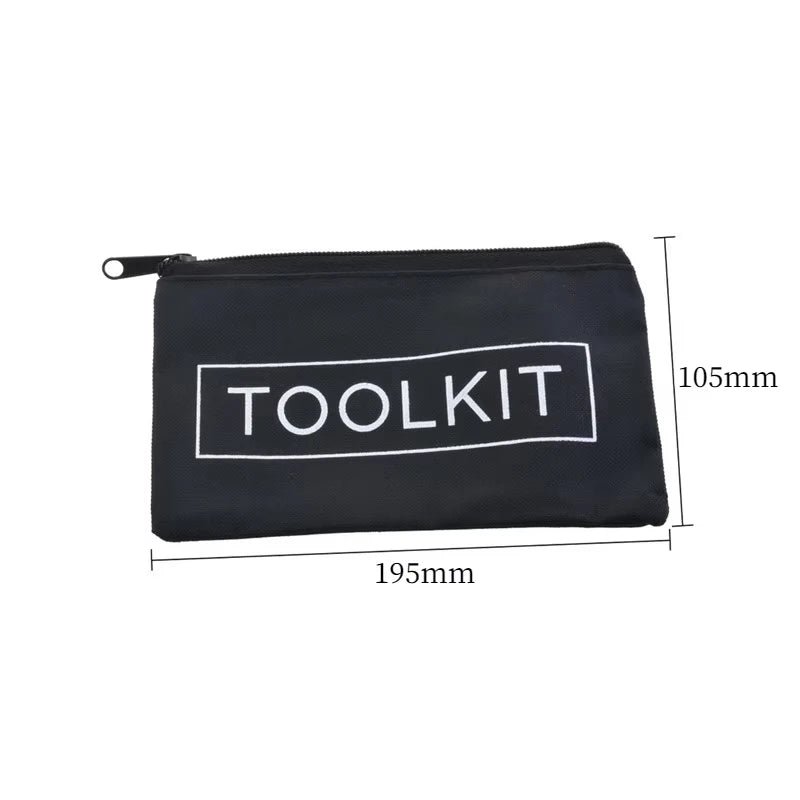 Black tool kit organizer bag with white text and dimensions