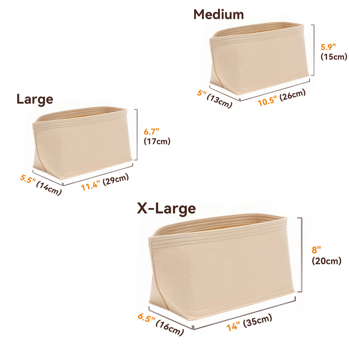 Three sizes of beige felt purse organizer inserts: Medium, Large, and X-Large.