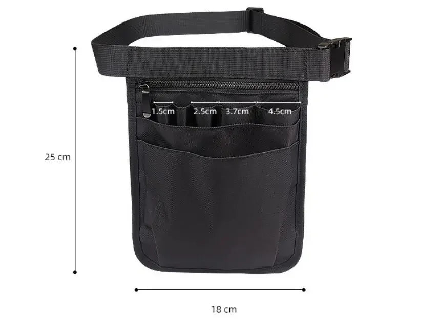 Black nurse organizer belt waist bag with multiple sized pockets and strap shown against a white background