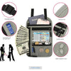 A gray RFID blocking travel passport holder with various compartments and accessories shown in detail.