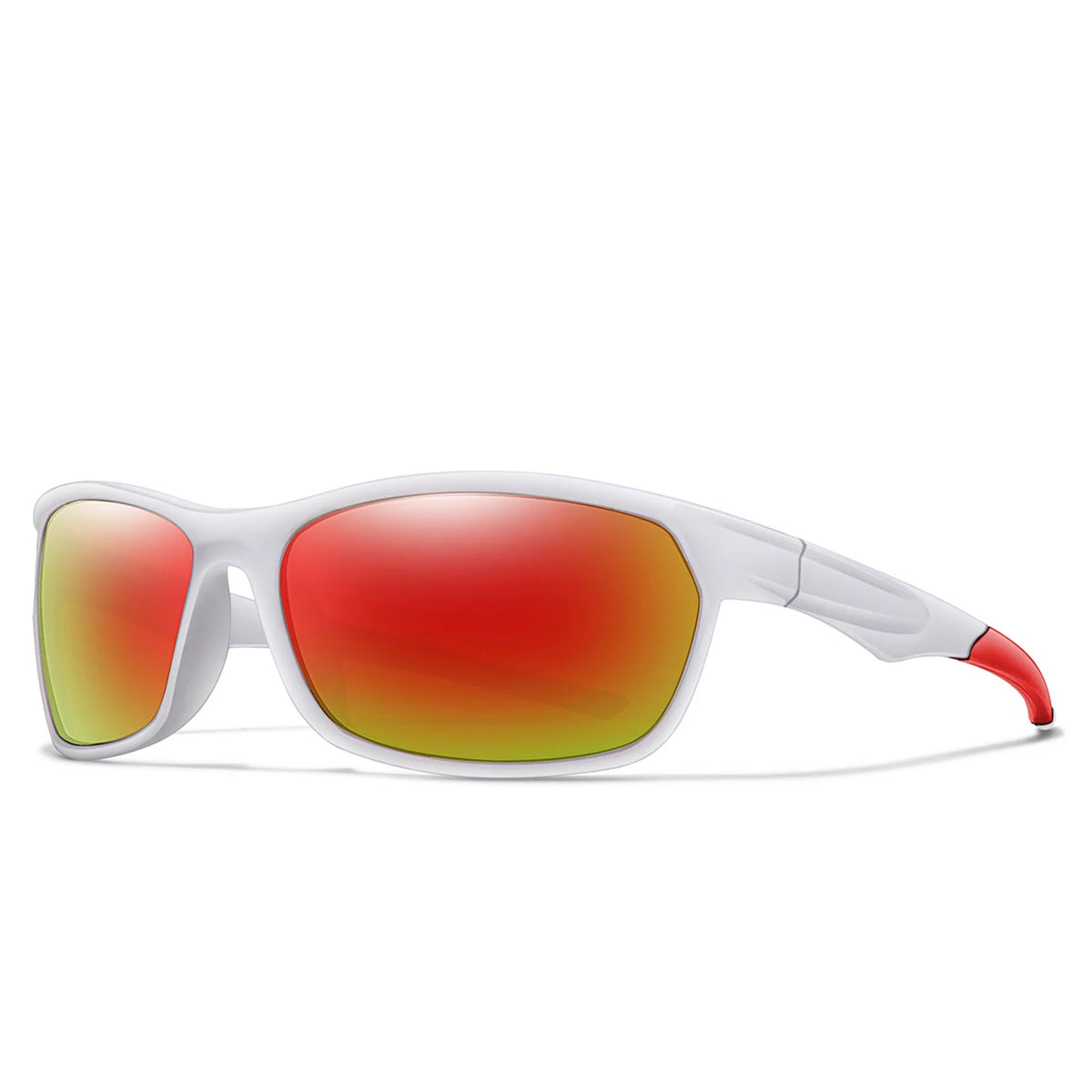 Gafas deportivas polarizadas blancas con lentes tintados en naranja y detalles rojos