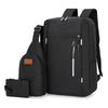 Black durable nylon travel backpack set including a main bag and a separate wallet