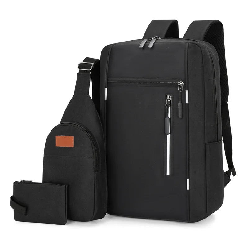 Black durable nylon travel backpack set including a main bag and a separate wallet