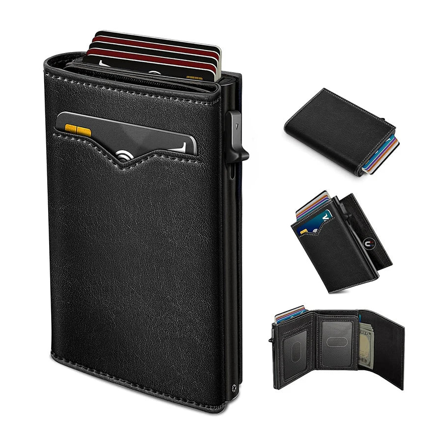 A black slim pop-up wallet with a clear ID window and multiple card slots is shown in various configurations.