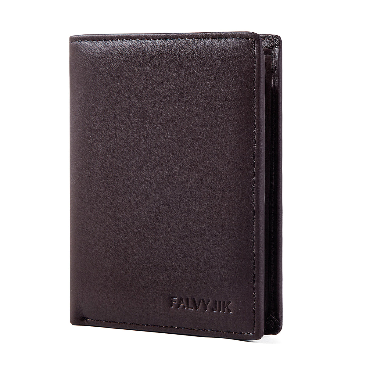 A dark brown genuine leather men's business wallet with a stitched edge.
