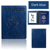A dark blue leather passport holder wallet featuring the United States of America eagle emblem and text.