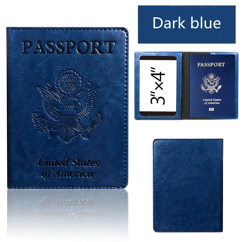 A dark blue leather passport holder wallet featuring the United States of America eagle emblem and text.