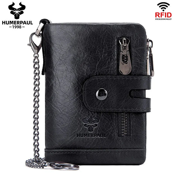 Black genuine leather bifold wallet with RFID blocking protection and a double zipper closure.