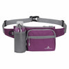 A purple waterproof invisible waist pack with a clear bottle holder and a gray strap is shown.