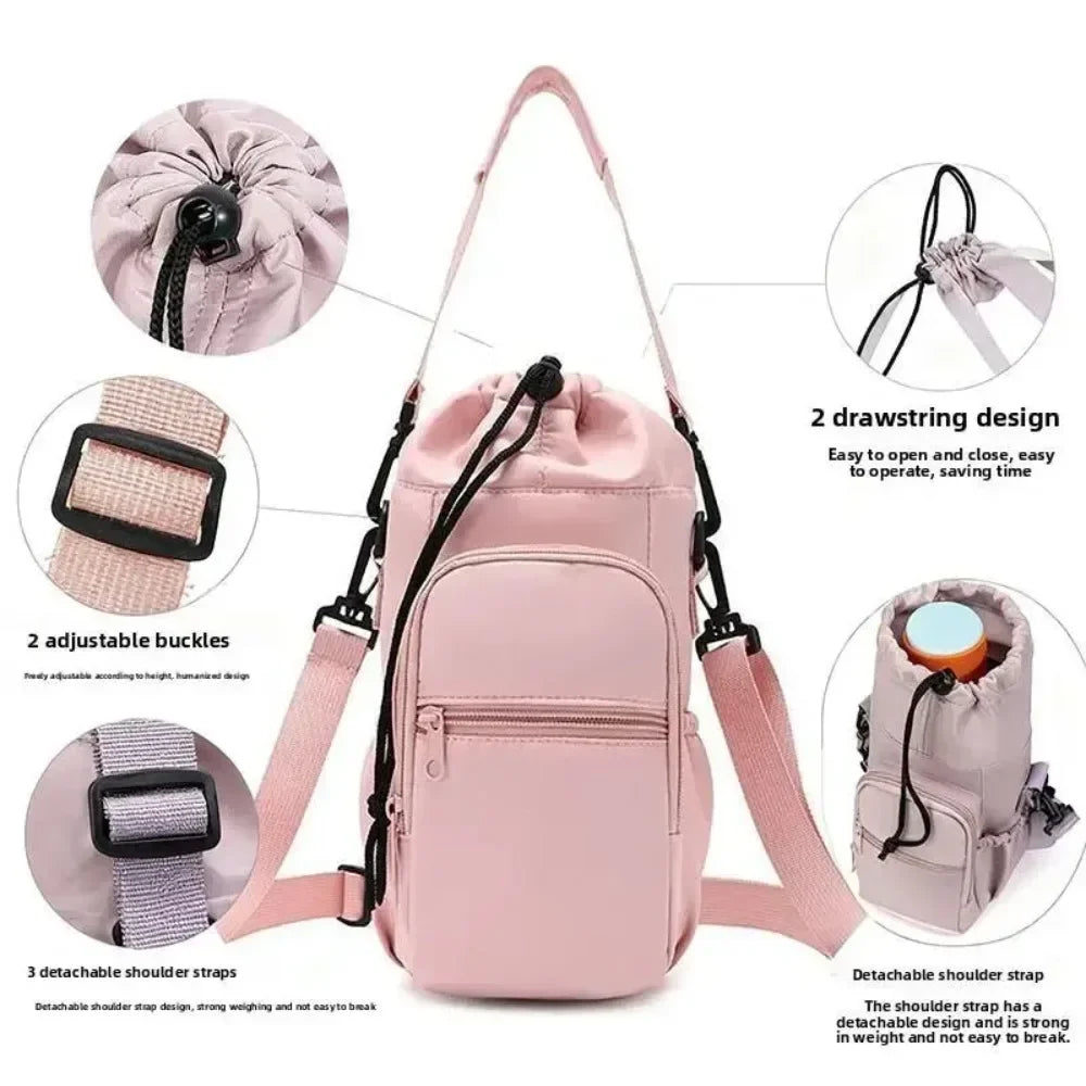 Pink insulated water bottle crossbody bag featuring a phone pocket and adjustable buckles.