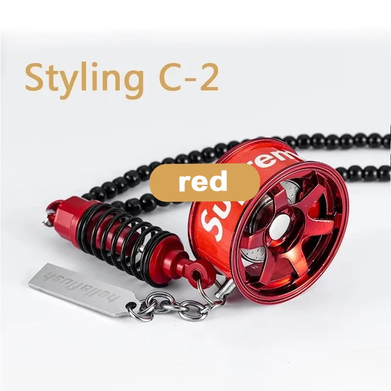 Red Styling C-2 alloy wheel hub brake disc rearview mirror pendant with black beaded chain
