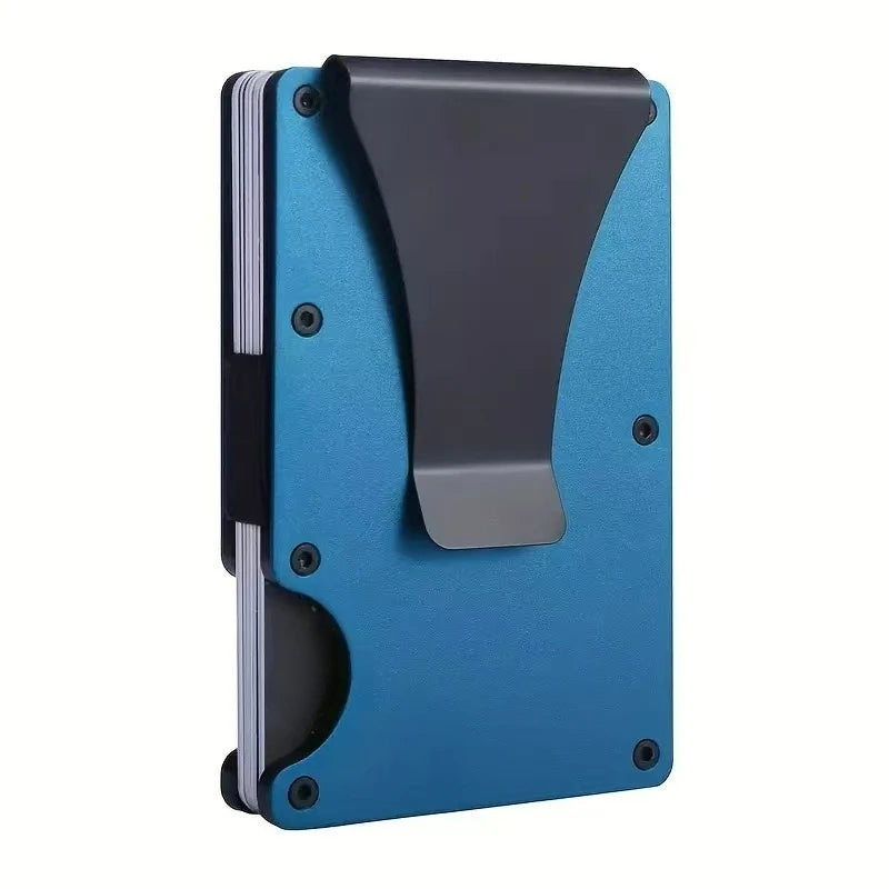 Cartera delgada de aluminio azul con bloqueo RFID y cubierta protectora gris oscuro.