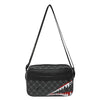 Black crossbody coin purse and mobile phone bag with a gray geometric pattern and red accents