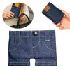 A dark blue denim mini wallet and card holder shown in various forms, including a folded version and a pocket detail.