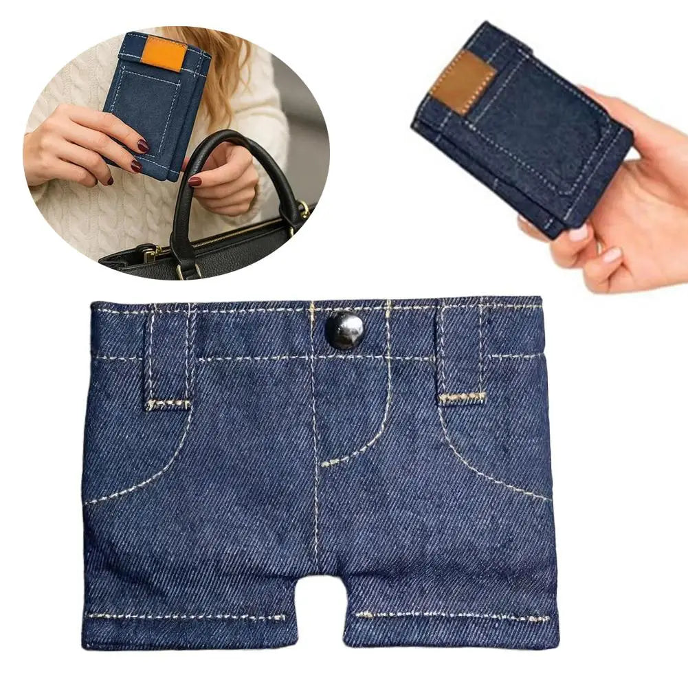 A dark blue denim mini wallet and card holder shown in various forms, including a folded version and a pocket detail.