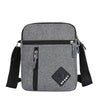 A gray men's lightweight crossbody sling bag with black straps and a zippered pocket.