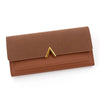 A brown tri-fold PU card holder wallet with a gold accent, shown flat.